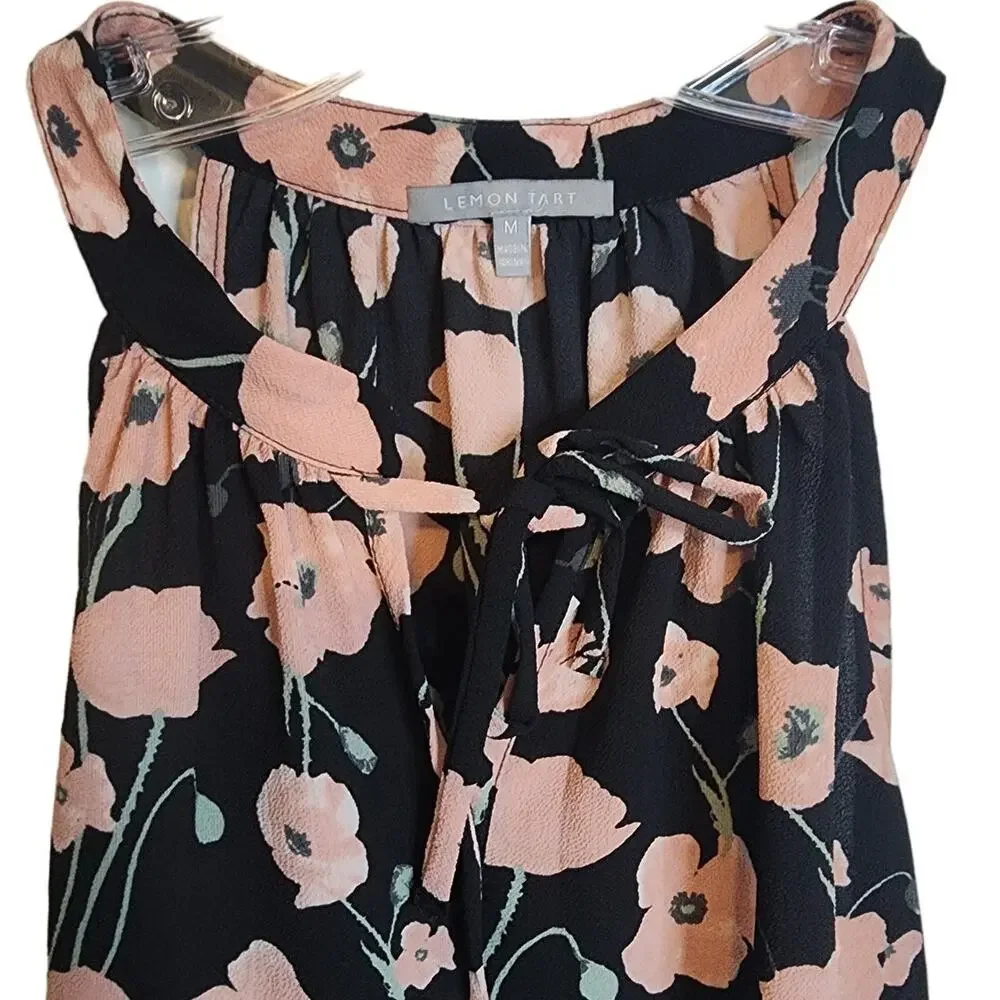 Lemon Tart Halter Tie-Front Sleeveless Floral Blouse, Medium